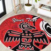 Red round rug with eagle motif in black and white and 'Your Text' lettering.