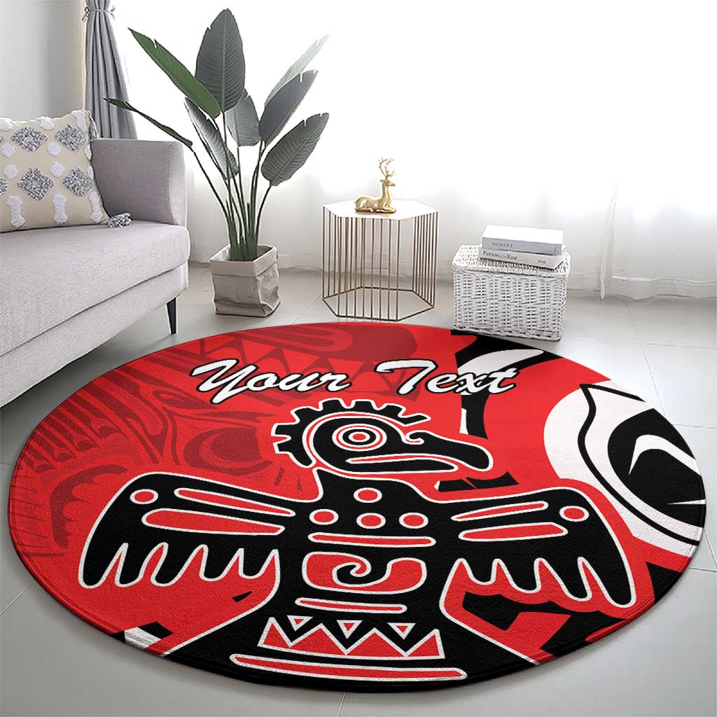Red round eagle motif rug with 'Your Text' across the top, black and white details.