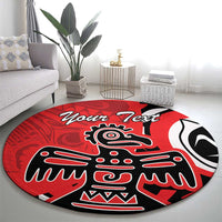 Red round eagle motif rug with 'Your Text' across the top, black and white details.