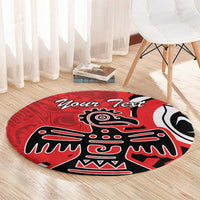 Red circular rug with eagle motif and 'Your Text', black and white graphic details.