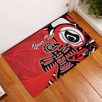 Red rubber doormat featuring large eagle face graphic and custom text