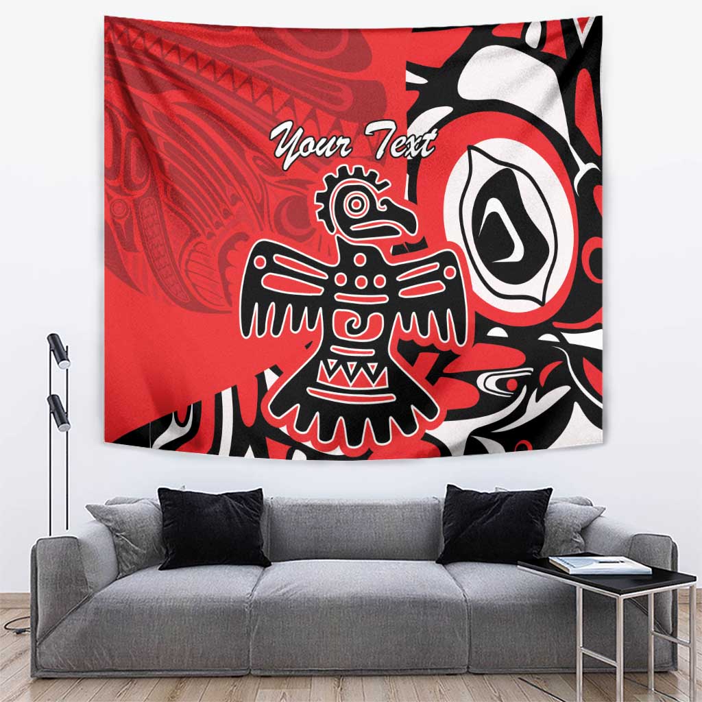 Red tapestry wall hanging with Haida-style eagle graphic in black, white, and Your Text