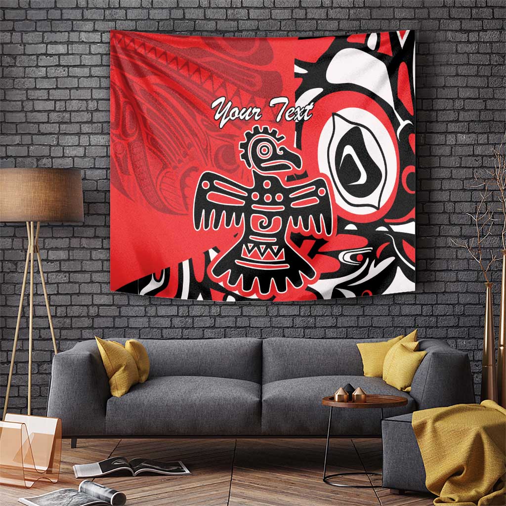 Red wall tapestry with bold Haida-style eagle artwork in black and white and Your Text