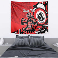 Red wall tapestry with Haida-style eagle motif in black and white and Your Text