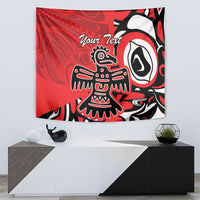 Red wall tapestry featuring Haida-style eagle design in black, white, and Your Text