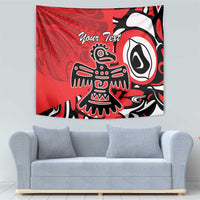 Red tapestry wall hanging with black-and-white Haida-style eagle motif and Your Text