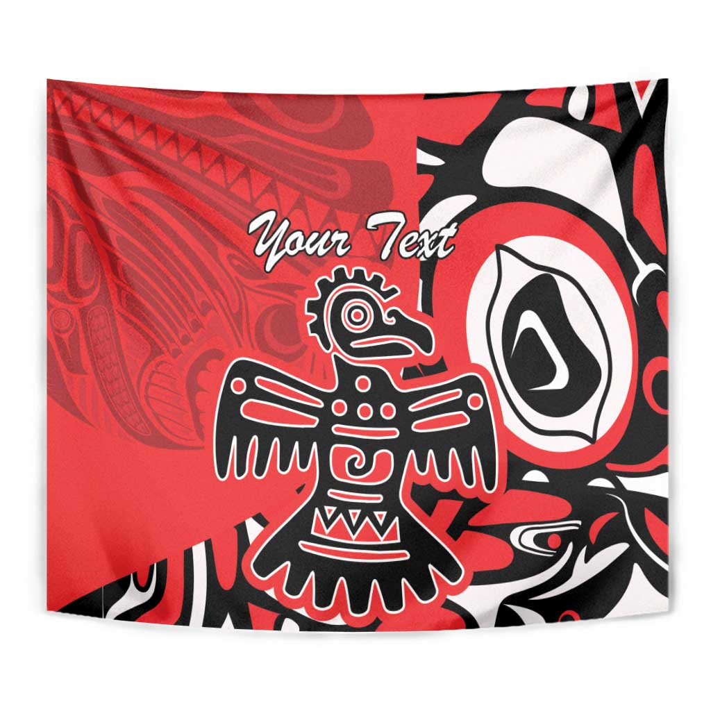 Red wall tapestry close-up with Haida-style eagle motif in black and white and Your Text