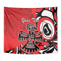 Red wall tapestry close-up with Haida-style eagle motif in black and white and Your Text