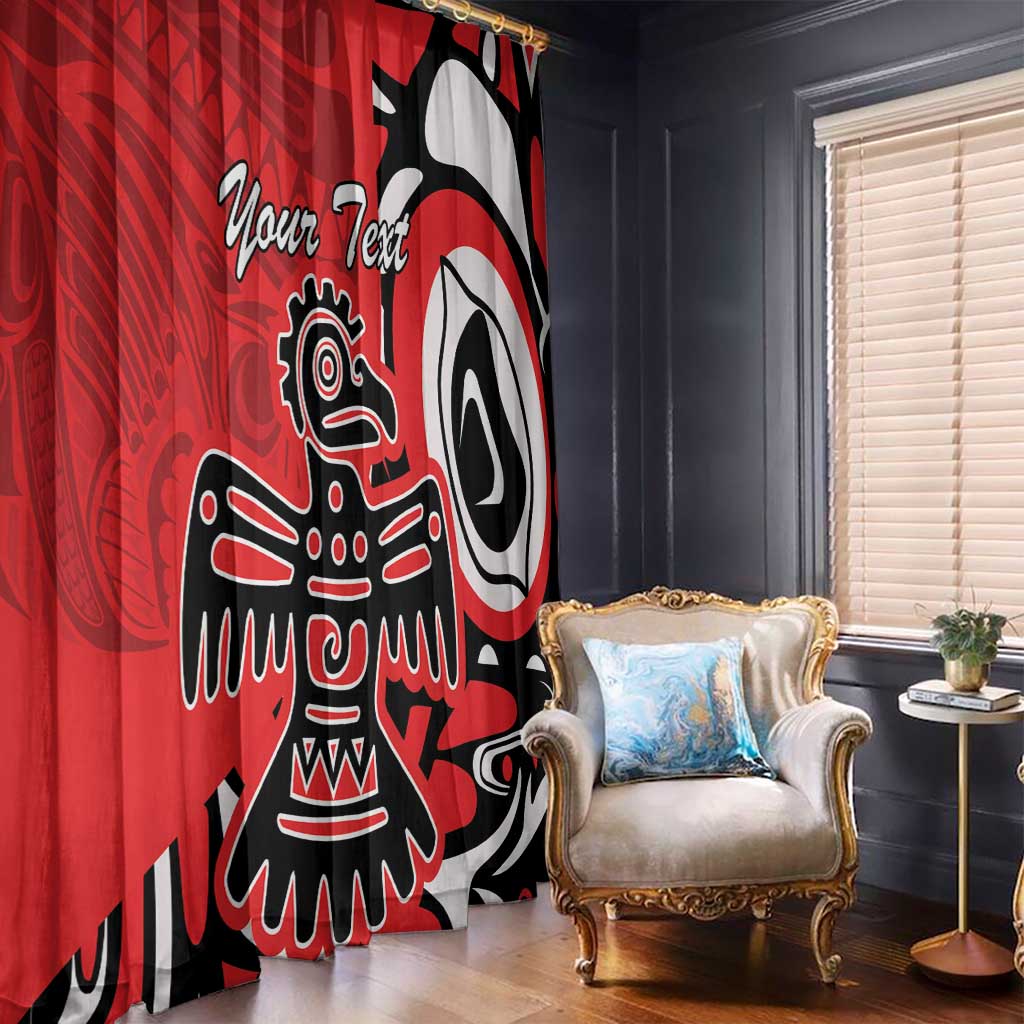 Red window curtain with black-and-white eagle graphic and personalized text, draped in a living room.