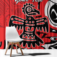 Close-up red window curtain featuring a large black-and-white eagle face and personalized text.