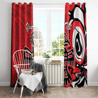 Red window curtains with black-and-white eagle artwork and personalized script text, full room view.