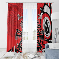 Red window curtain panels with black-and-white eagle design and personalized script text, bedroom setup.