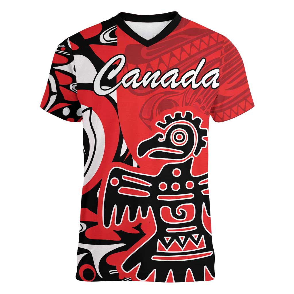 Personalized Canada Haida Eagle Women V-Neck T-Shirt Red Style - Wonder Print Shop