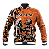 Orange baseball jacket with black and white Haida eagle front graphic and Canada text