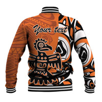 Orange baseball jacket with black and white Haida eagle back graphic, ribbed cuffs