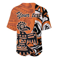 Orange baseball jersey with Your text and Haida-style eagle pattern