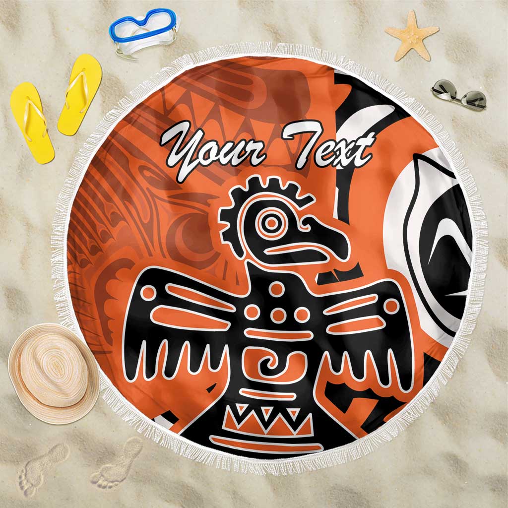 Personalized round beach blanket in orange with fringed edge and eagle graphic
