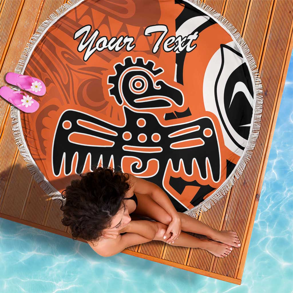 Round orange beach blanket with fringed border, centered "Your Text" and eagle print