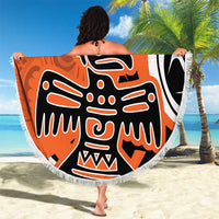 Orange round beach blanket with fringed trim, eagle design and "Your Text" in center