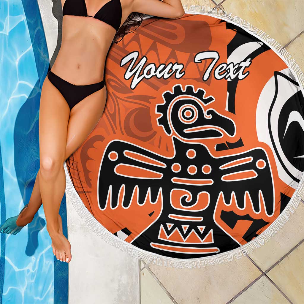 Personalized orange round beach blanket with fringed edge, eagle motif and "Your Text"