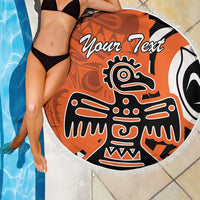 Personalized orange round beach blanket with fringed edge, eagle motif and "Your Text"