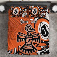 Orange duvet and pillow set with large black-and-white eagle graphic and “Your Text”
