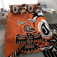 Orange duvet and pillow set with black-and-white eagle artwork and personalized “Your Text”