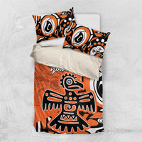 Orange duvet set with two pillowcases featuring black and white eagle graphic and “Your Text”