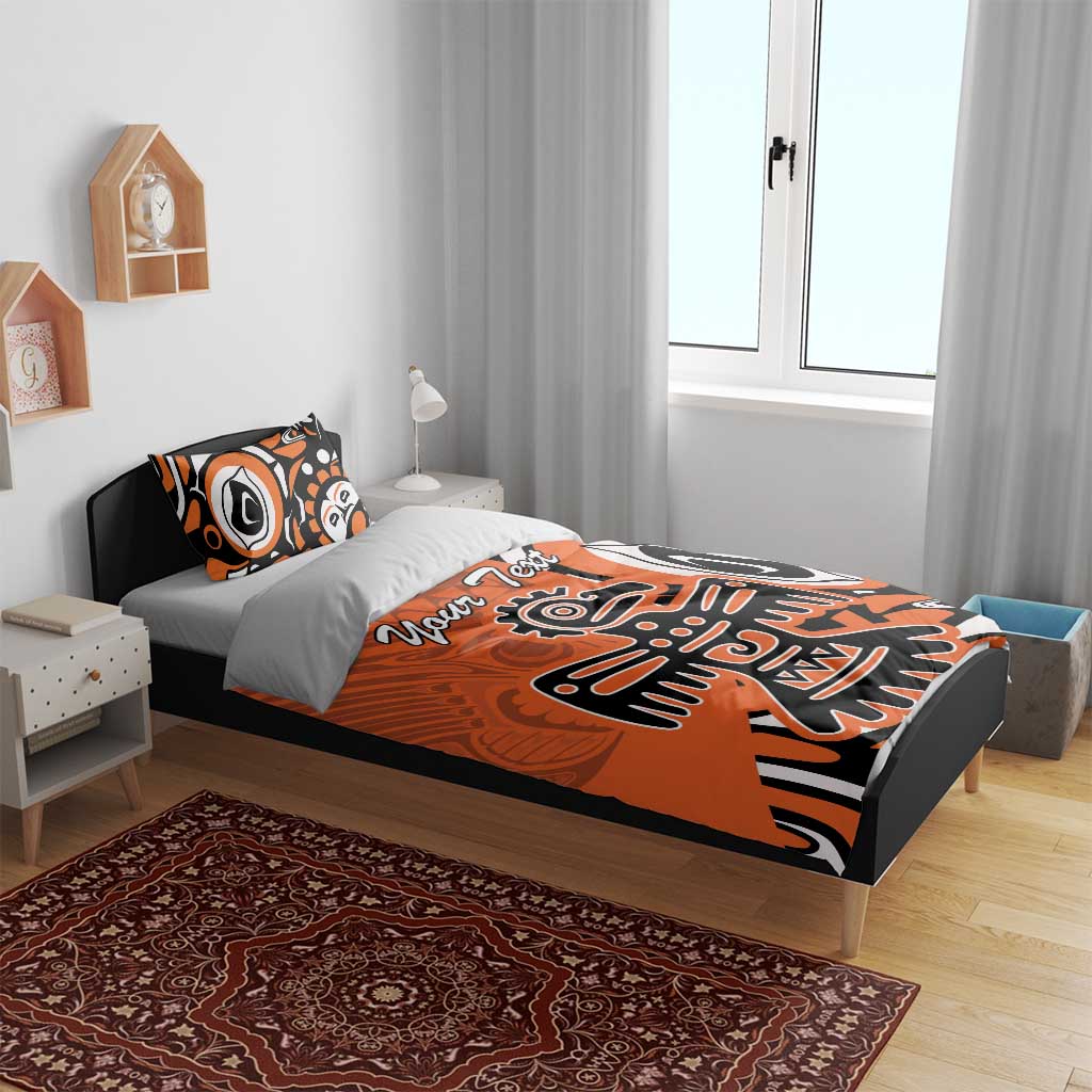 Orange eagle bedding set with personalized “Your Text,” two pillows, and bold black-white artwork