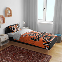 Orange eagle bedding set with personalized “Your Text,” two pillows, and bold black-white artwork