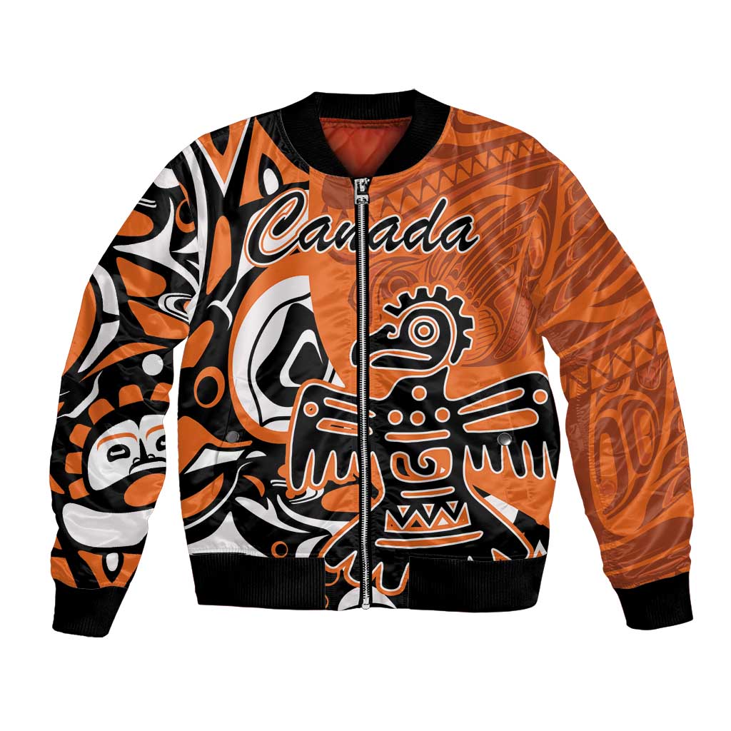 Orange unisex bomber jacket with full-zip, black ribbing, eagle and Canada graphic