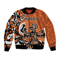 Orange unisex bomber jacket with full-zip, black ribbing, eagle and Canada graphic