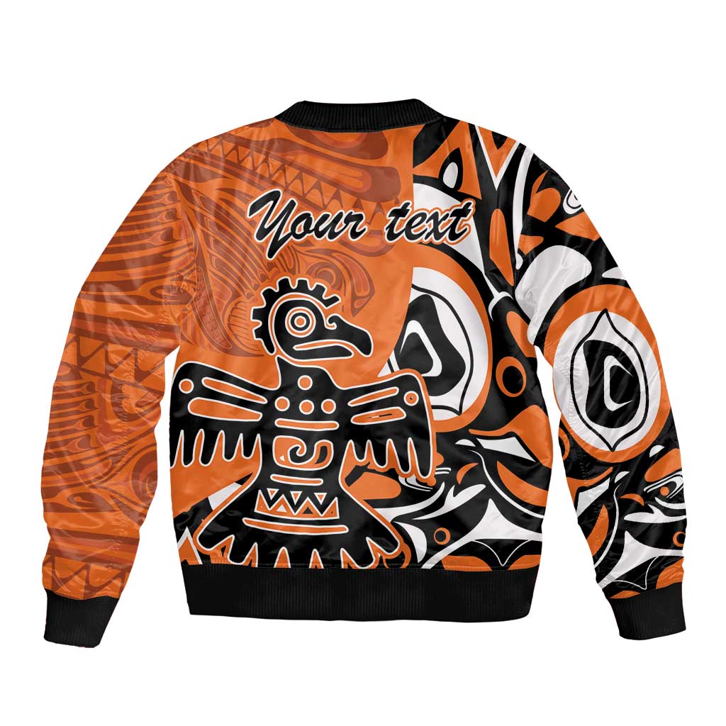 Orange unisex bomber jacket with full-zip, black ribbing, eagle graphic with 'Your text'