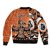 Orange unisex bomber jacket with full-zip, black ribbing, eagle graphic with 'Your text'