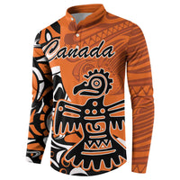 Orange button-up sweatshirt with Canada logo and Haida eagle graphic, long sleeves