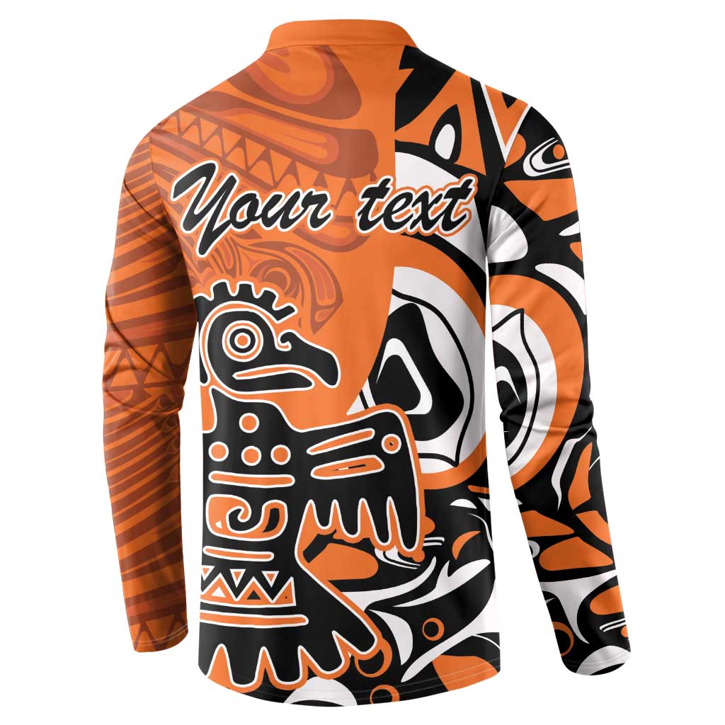 Orange sweatshirt back with 'Your text' and Haida eagle graphic, button collar