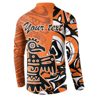 Orange sweatshirt back with 'Your text' and Haida eagle graphic, button collar