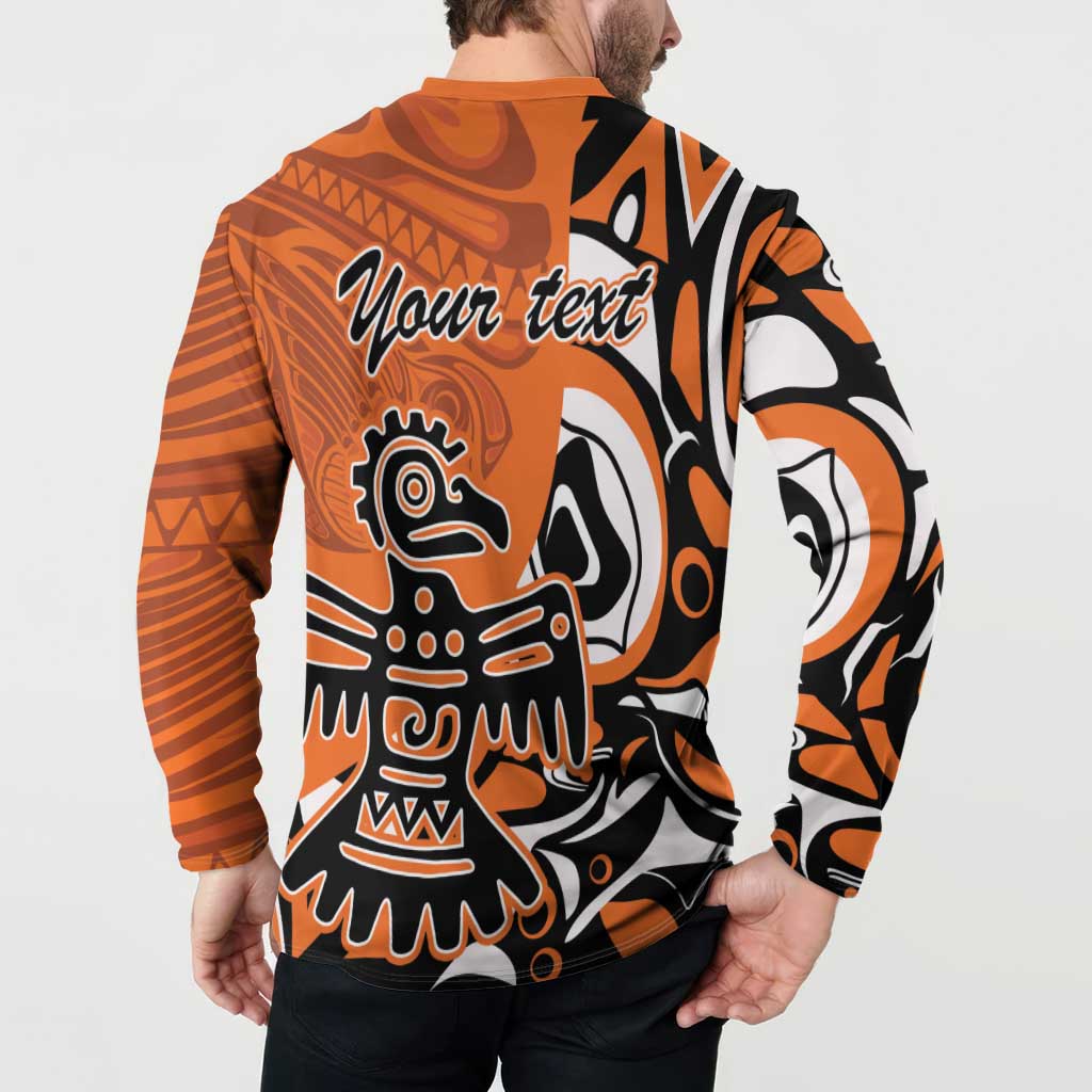 Orange sweatshirt back with 'Your text' and Haida eagle graphic, long sleeves