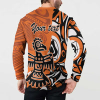 Orange sweatshirt back with 'Your text' and Haida eagle graphic, long sleeves