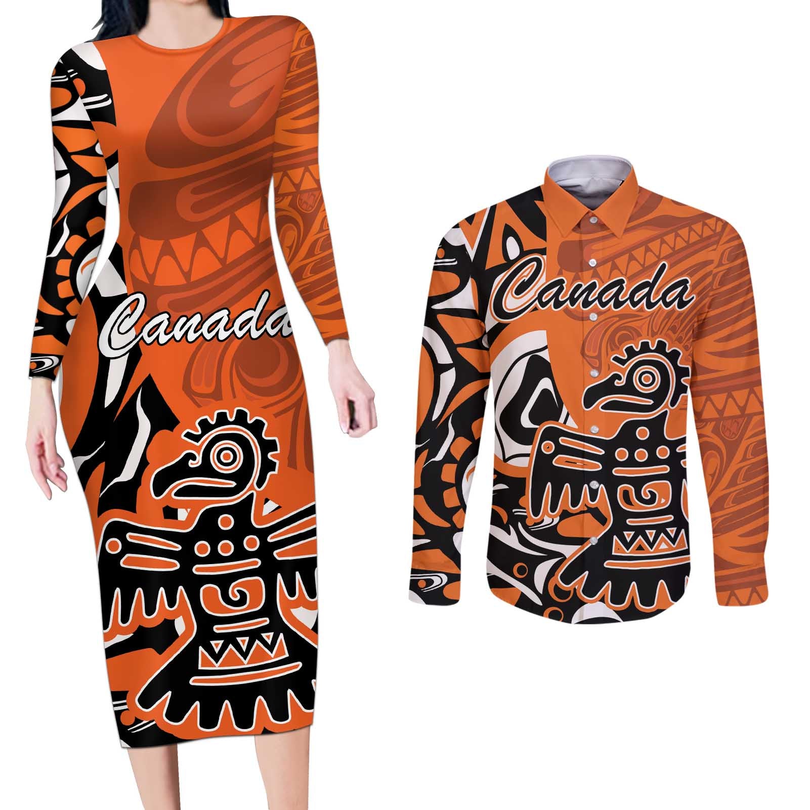 Personalized Canada Haida Eagle Couples Matching Long Sleeve Bodycon Dress and Long Sleeve Button Shirt Orange Style - Wonder Print Shop