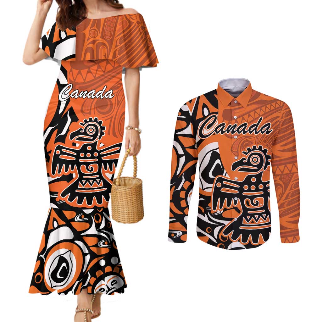 Personalized Canada Haida Eagle Couples Matching Mermaid Dress and Long Sleeve Button Shirt Orange Style