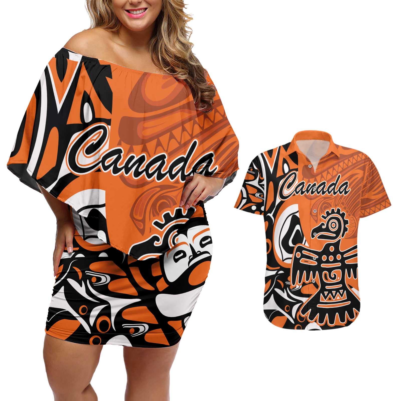 Personalized Canada Haida Eagle Couples Matching Off Shoulder Short Dress and Hawaiian Shirt Orange Style - Wonder Print Shop