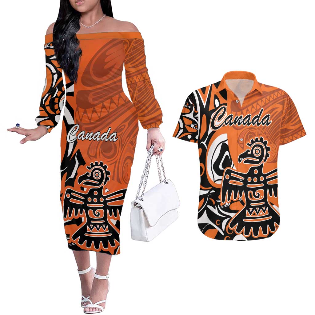 Personalized Canada Haida Eagle Couples Matching Off The Shoulder Long Sleeve Dress and Hawaiian Shirt Orange Style - Wonder Print Shop