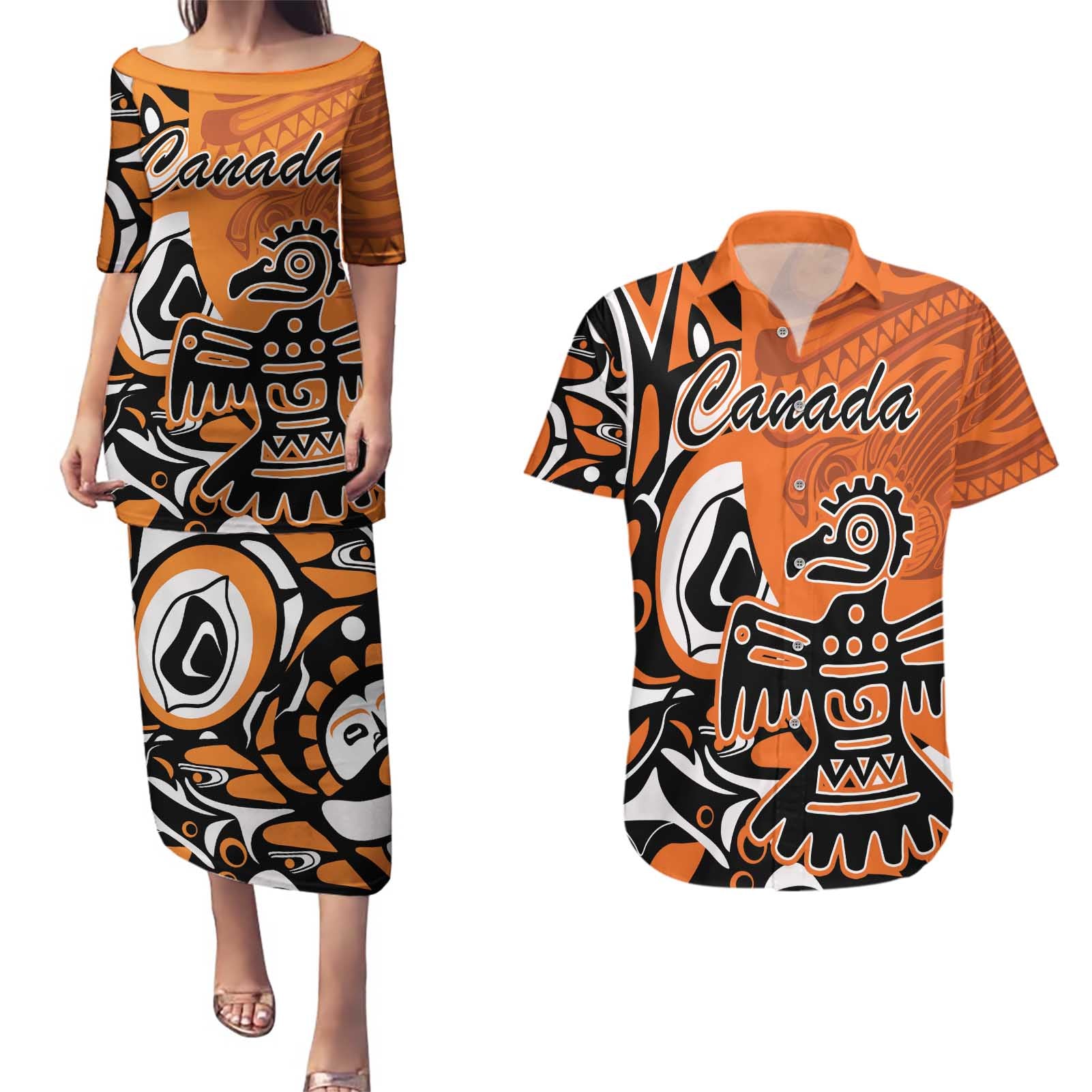 Personalized Canada Haida Eagle Couples Matching Puletasi and Hawaiian Shirt Orange Style - Wonder Print Shop