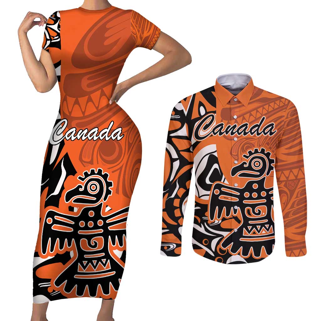 Personalized Canada Haida Eagle Couples Matching Short Sleeve Bodycon Dress and Long Sleeve Button Shirt Orange Style - Wonder Print Shop