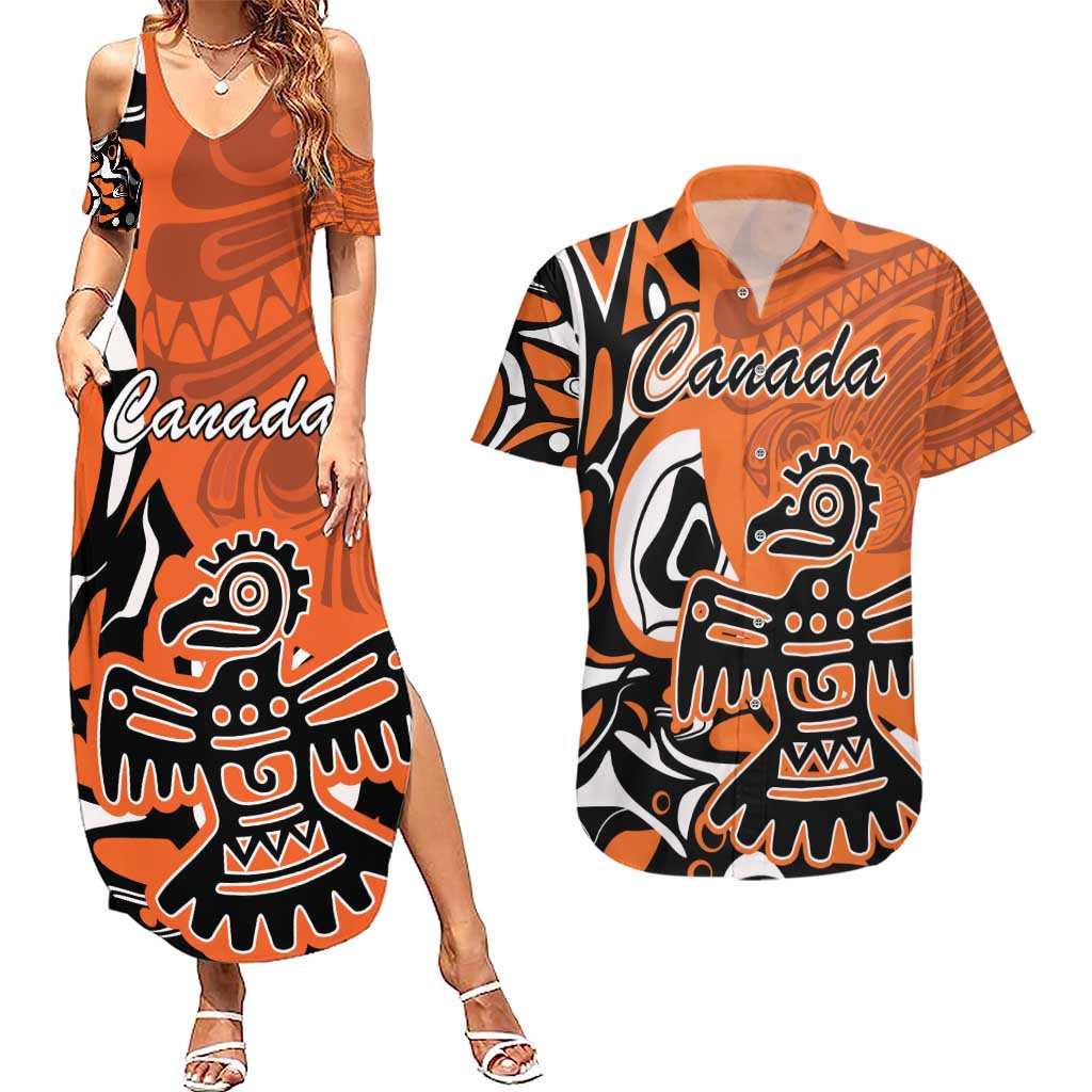 Personalized Canada Haida Eagle Couples Matching Summer Maxi Dress and Hawaiian Shirt Orange Style - Wonder Print Shop