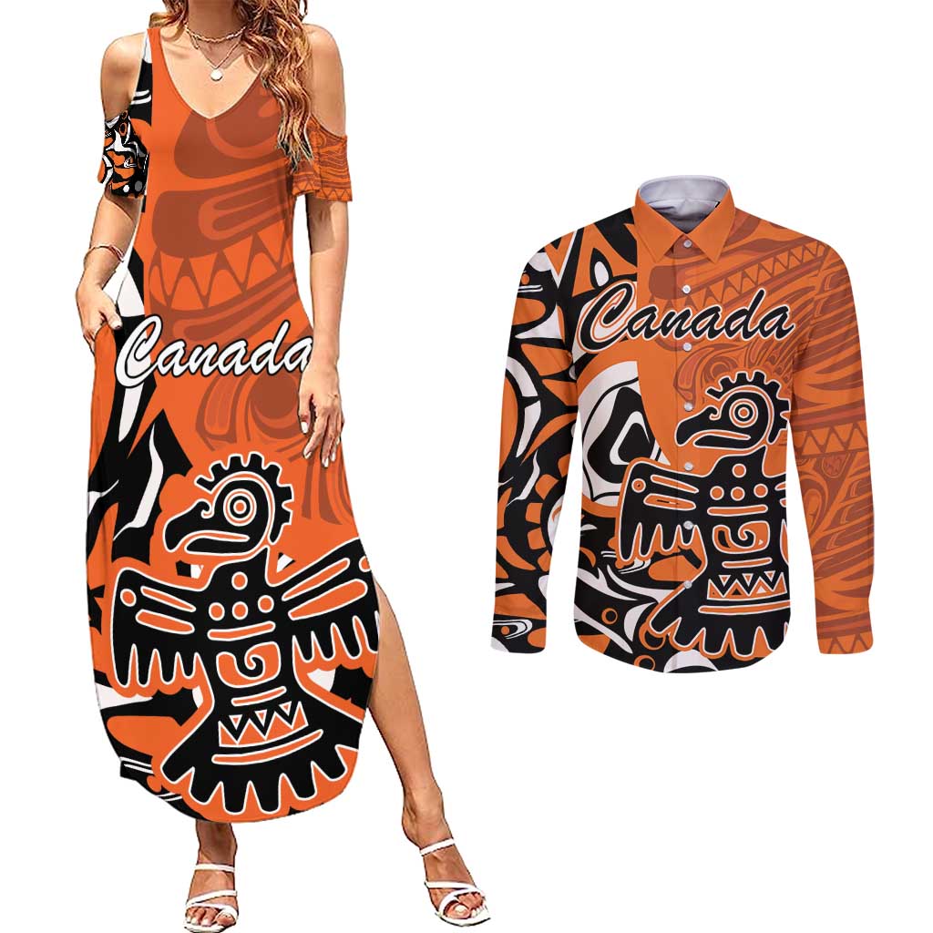 Personalized Canada Haida Eagle Couples Matching Summer Maxi Dress and Long Sleeve Button Shirt Orange Style - Wonder Print Shop