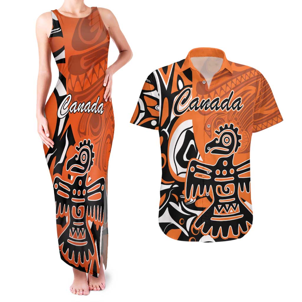 Personalized Canada Haida Eagle Couples Matching Tank Maxi Dress and Hawaiian Shirt Orange Style - Wonder Print Shop