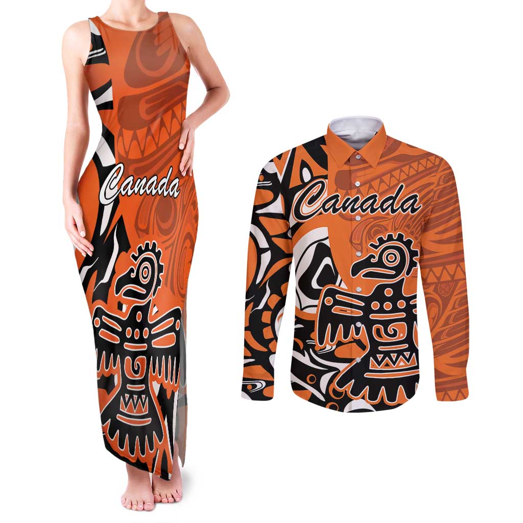 Personalized Canada Haida Eagle Couples Matching Tank Maxi Dress and Long Sleeve Button Shirt Orange Style - Wonder Print Shop