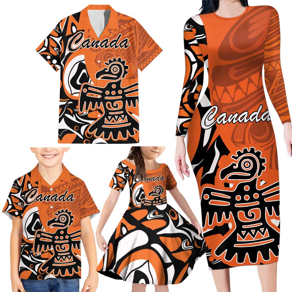 Personalized Canada Haida Eagle Family Matching Long Sleeve Bodycon Dress and Hawaiian Shirt Orange Style - Wonder Print Shop